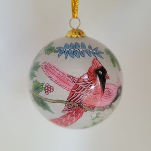 Cardinal and Poinsettias Glass Ball Christmas Ornament